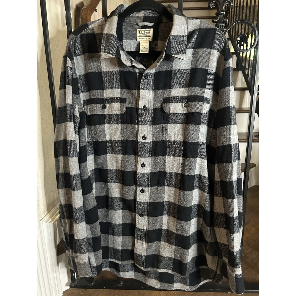Men's Size Large Tall L.L. Bean Buffalo Plaid Flannel Shirt Gray Black